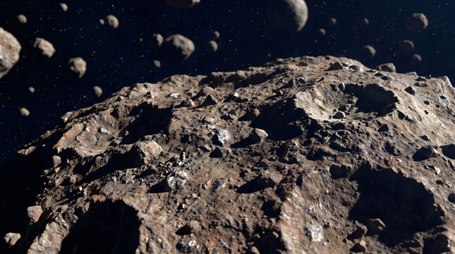 A close up view of the surface of a rocky asteroid in deep space near the astroid belt with craters and debris