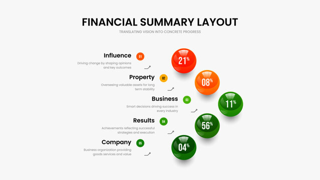 Elegant Campaign Slide Template Vector Illustration. Clean Growth Five Element Infographic Presentation Layout. Visual Report 5 Option Diagram Slideshow Design.