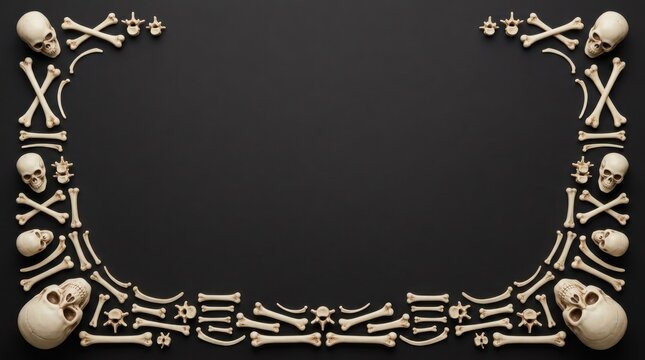Human skulls and bones frame arranged on a dark black background