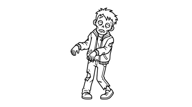 Cartoon zombie character walking in line art style