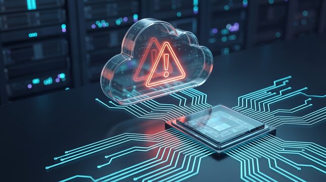 Glass cloud icon with warning sign glowing over digital microprocessor chip on circuit board in server room environment representing critical infrastructure error and data security vulnerability