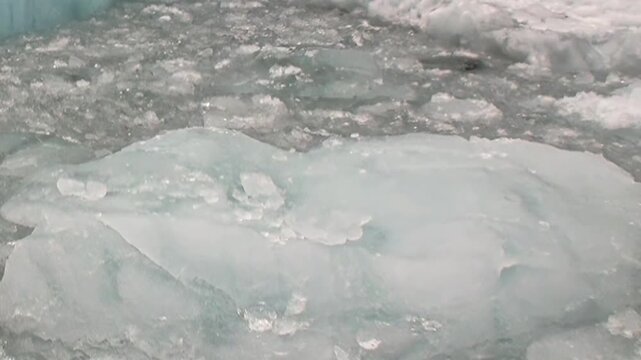 Dense brash ice and floating ice cover the surface of cold water. The broader composition includes close framing, keeping surface texture and scale clearly readable.