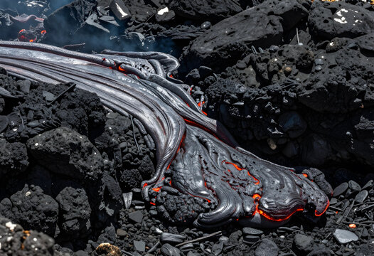 Volcanic eruption and lava flow, geological activity and natural disaster, molten rock and cooling magma on dark basalt landscape in geothermal area