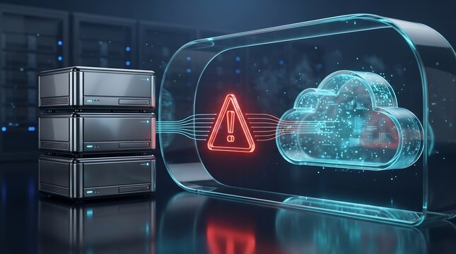 Data server rack showing critical warning error sign connected to digital cloud icon as representation of cloud computing security failure or server downtime in modern technology infrastructure