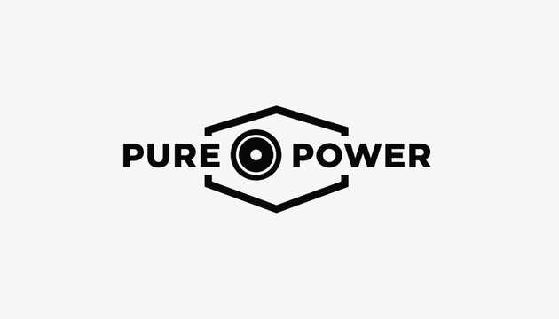 Minimalist corporate logo design for Pure Power brand showcases clean typography and a central eye icon within a geometric frame.