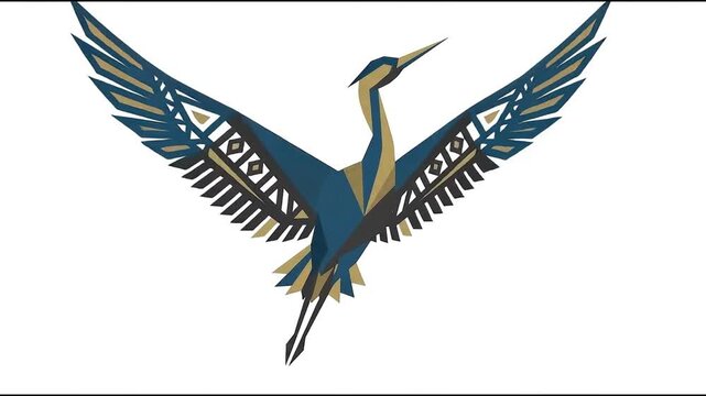 Stylized geometric crane bird illustration with blue gold and dark grey tones