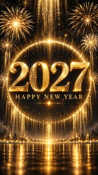 Happy New Year 2027 Golden Glowing Circle and City Skyline