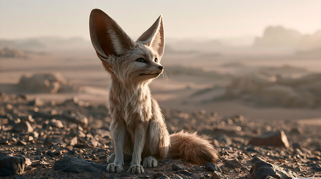 Fennec fox sits attentively within a rocky desert landscape