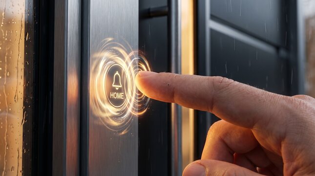 Finger presses button with glowing home icon and swirling light effect