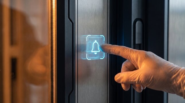 Gloved finger pressing illuminated bell button for service or entry
