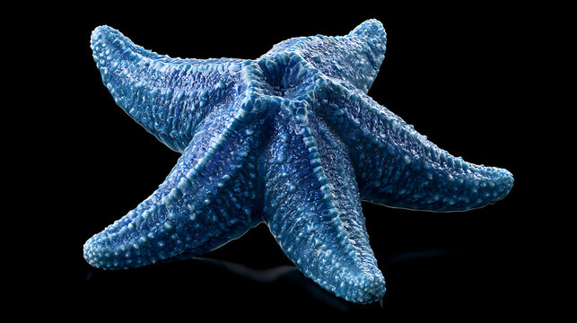 Blue starfish with detailed texture is isolated against a black background