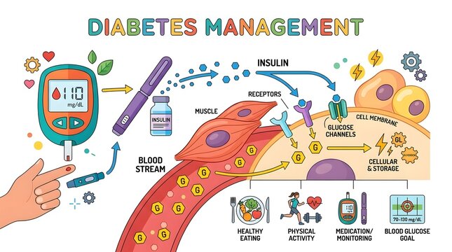 Diabetes Management Diagram Showing Blood Glucose and Insulin Control