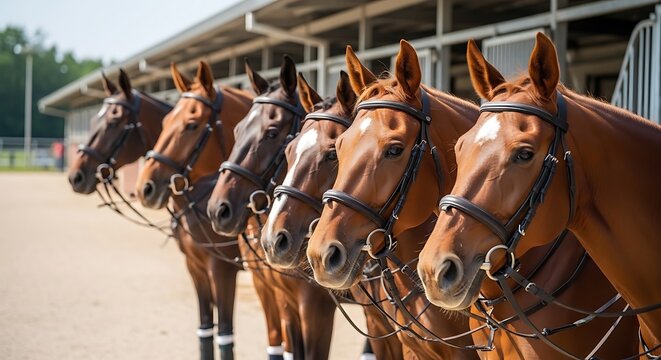 Five elegant polo ponies with bridles lined up in a row at a sunny equestrian event