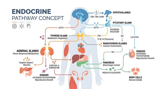 Endocrine System Pathway Diagram Showing Human Glands and Hormones