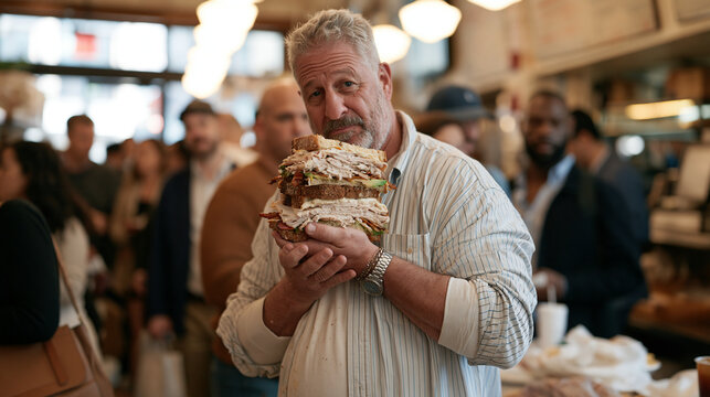 A gruff middle-aged man in a crowded urban deli proudly holds up a towering club sandwich stacked with turkey, avocado, and bacon on marble rye during the national sandwich day