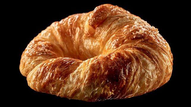 Golden brown flaky croissant pastry is isolated on black background