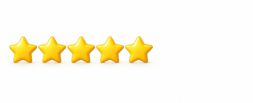 Solid yellow five star rating symbol on white background