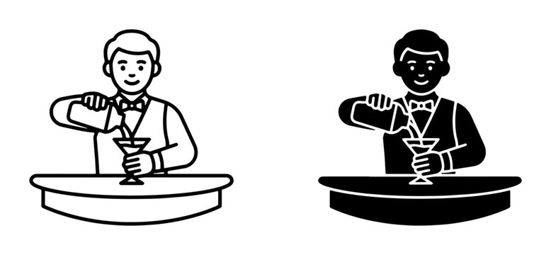 Bartender Mixing Cocktail, Bar Service Icon Set, Professional Mixologist Pouring Drink, Two Styles: Outline and Solid Black