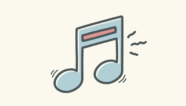 Hand drawn cartoon illustration of a shaking eighth musical note representing energetic sound, melody, and audio vibes.