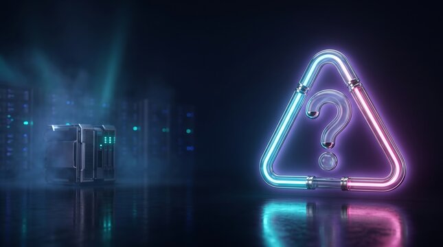 Glowing neon question mark symbol inside triangle frame with blurred server room background representing IT troubleshooting and technical support system concept