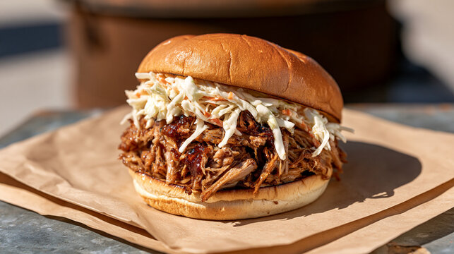 a pulled pork sandwich with coleslaw on a brioche bun sitting on butcher paper at a rustic outdoor BBQ stall, smoke pit in the background, celebrating national pulled pork day,