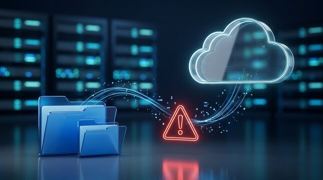 Digital data security breach conceptual 3d render showing glowing blue folder file being hacked and transferring sensitive information to a cloud storage system in a server room environment