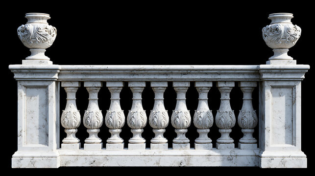 White marble balustrade with decorative urns on a black background