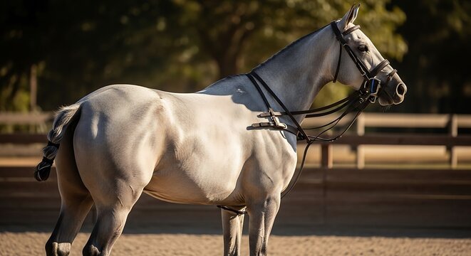 Magnificent grey polo horse in side profile, equipped for equestrian sport