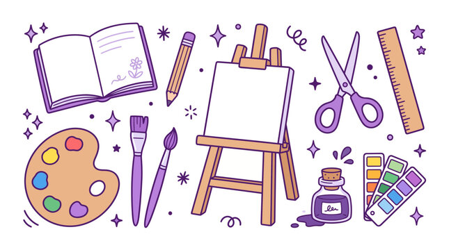 Hand drawn art supplies collection, purple aesthetic doodle set of painting tools and stationery, creative hobby icons for artist studio and education