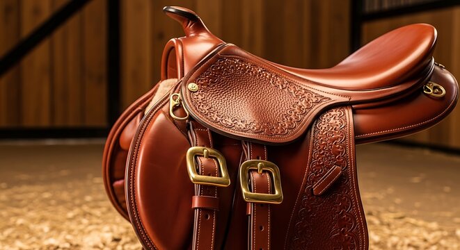 Close-up of a richly detailed, polished brown leather western horse saddle with brass buckles