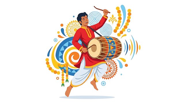 Indian drummer plays the traditional dhol drum while dancing during a festive celebration.
