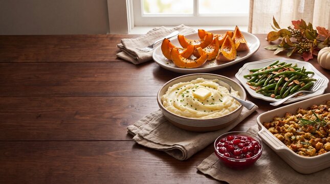 Culinary Presentation, A beautifully arranged Thanksgiving side-dish spread featuring comforting staples