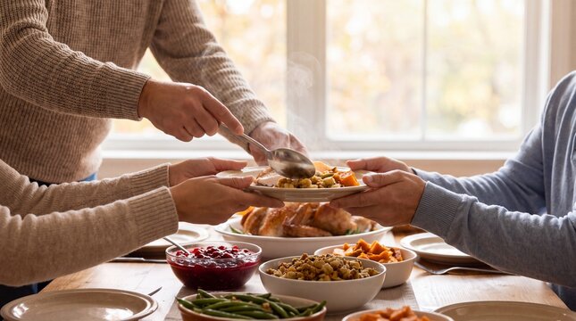 Culinary Gathering, Hands serve a warm, inviting Thanksgiving dinner from a beautifully arranged table