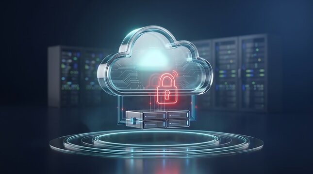 Cloud server security concept with glowing digital padlock icon protecting data storage systems in modern data center environment featuring server racks in background