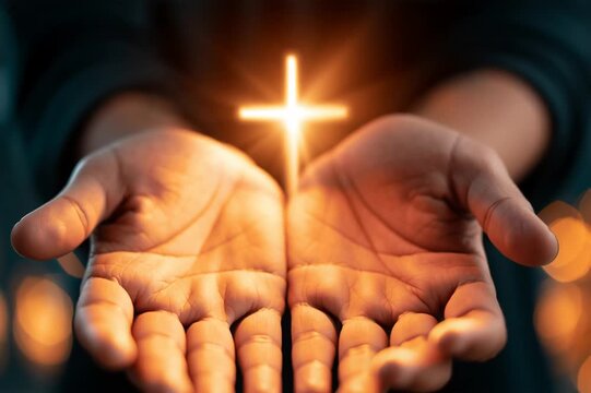 Human Hands Open Palms Up in Worship Towards Christian Cross Video