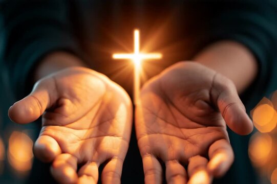 Human Hands Open Palms Up in Worship Towards Christian Cross Video