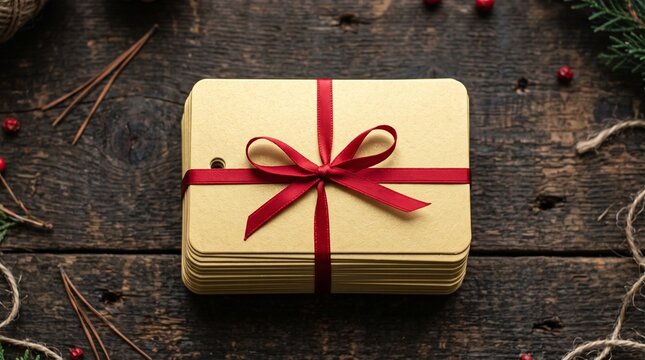Stack of blank gift tags tied with red ribbon on rustic wooden background