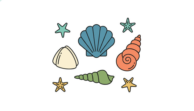 Set of colorful marine shells and starfish illustrations ideal for beach, summer vacation, and ocean themed designs.