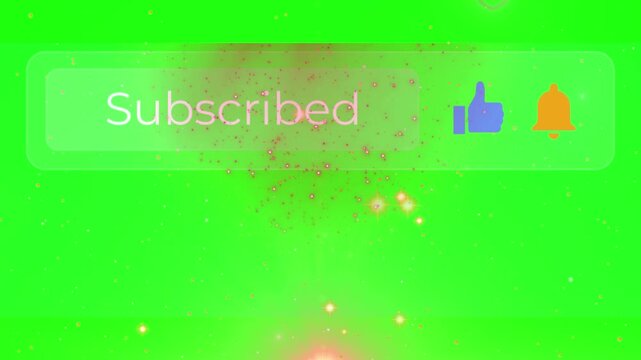 Subscribed button graphic featuring a thumbs up icon and notification bell against a bright glowing green background for digital content creators to use in video editing projects easily.