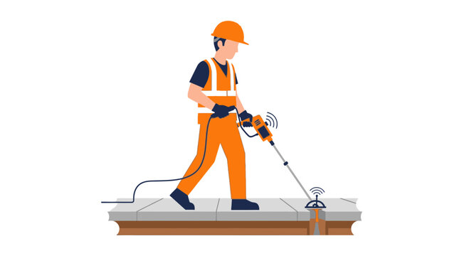 Construction Worker Using Ultrasonic Leak Detector to Locate Underground Water Pipe Burst - Flat Vector Illustration