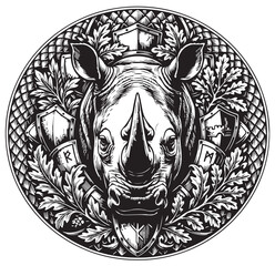 Black and white line art engraving of a rhinoceros head in a heraldic circular emblem with medieval shields © md
