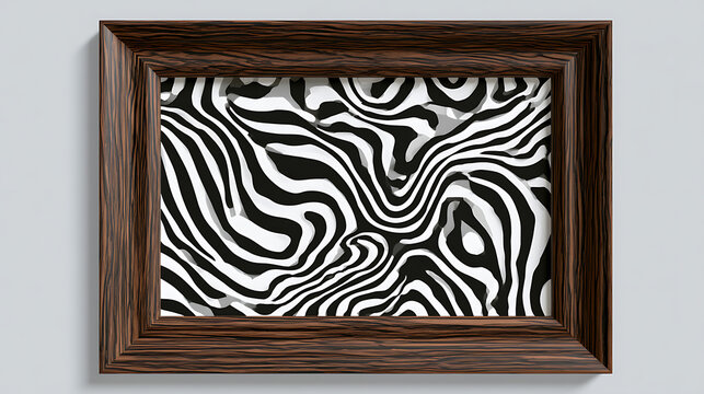 Abstract black and white wave pattern within a dark wooden frame