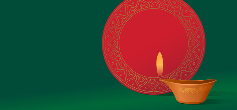 A blank vector banner or unit with Rangoli and Diya graphic. Beautiful bright red and green color Diwali festival unit with empty space for headline or message.