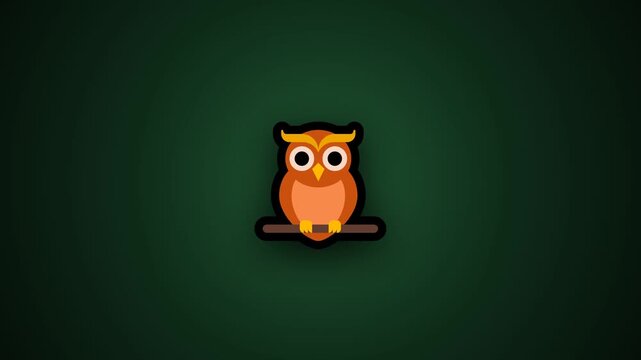 Cartoon owl sitting on branch with dark green background