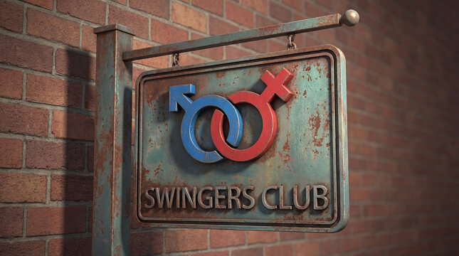 Metal sign, swinger club, brick wall, male symbol, female symbol, hanging sign