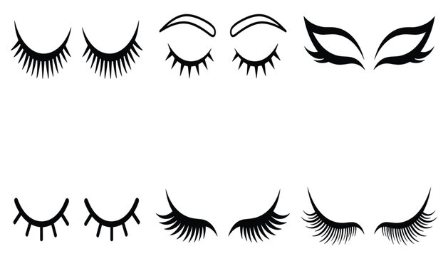Eyelash extensions and closed eyes silhouette line art vector icon set for beauty salon makeup cosmetics and microblading