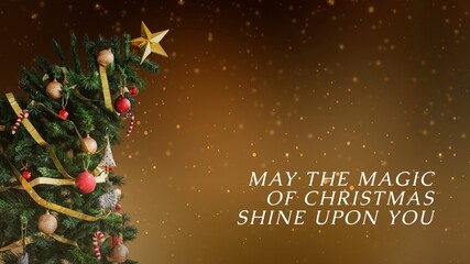 Naklejka premium Christmas tree with ornaments and a star, festive greeting text.