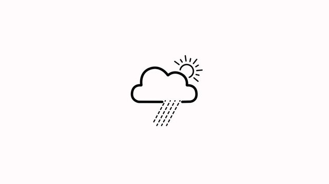 Weather forecast icon with featuring sun cloud and rain falling animation on white background. Rain cloud precipitation with rain drops. Cloud and sun with rain falling line concept with sunny rain