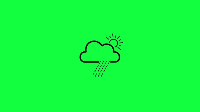 Weather forecast icon with featuring sun cloud and rain falling animation on green background. Rain cloud precipitation with rain drops. Cloud and sun with rain falling line concept with sunny rain
