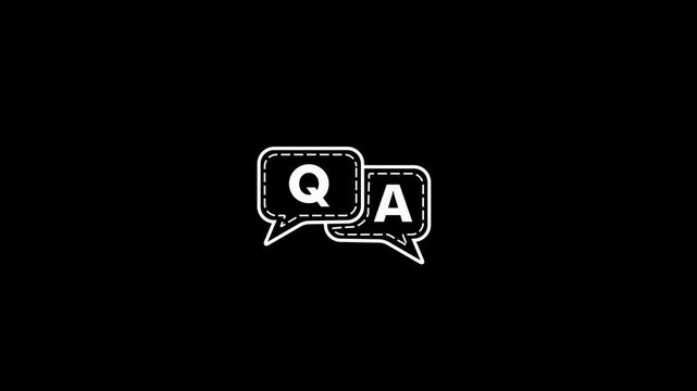 Q and A question and answer icon with chart box and dotted line animation on black background. Speech bubbles with question and answer icon. Question and answer icon letters Q and A animation session